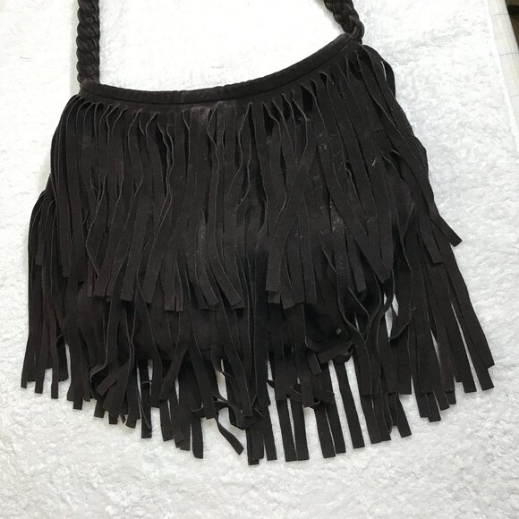 J.J. Winters Fringe Suede Black Boho Hippie Crossbody Shoulder Bag Braided Strap - Picture 12 of 14